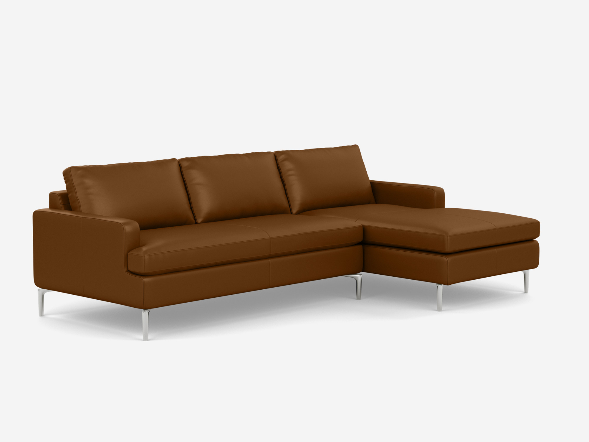 angle view of the Eve Grand modular sofa in brown leather with right hand chaise